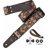 Nefelibata Guitar Strap, 2" Jacquard Embroidery Guitar Straps, Full Grain Leather Ends with Hidden Pocket, for Bass, Electric and Acoustic Guitars, Strap Button, Strap Locks and Guitar Picks