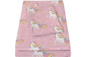 Bedmoon Girls Twin Sheets, Kids Pink Unicorn Moon Star Soft Microfiber Twin Sheets & Pillowcases with Elastic Corner Straps