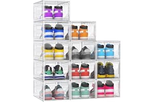 Kjfeoiye 12 Pack Hard Sturdy Thickened Rigid XX Large Shoe Storage Organizer for Closet, Clear Stackable Sneaker Shoe Boxes Rack Containers Display Case Bins with Lids, White