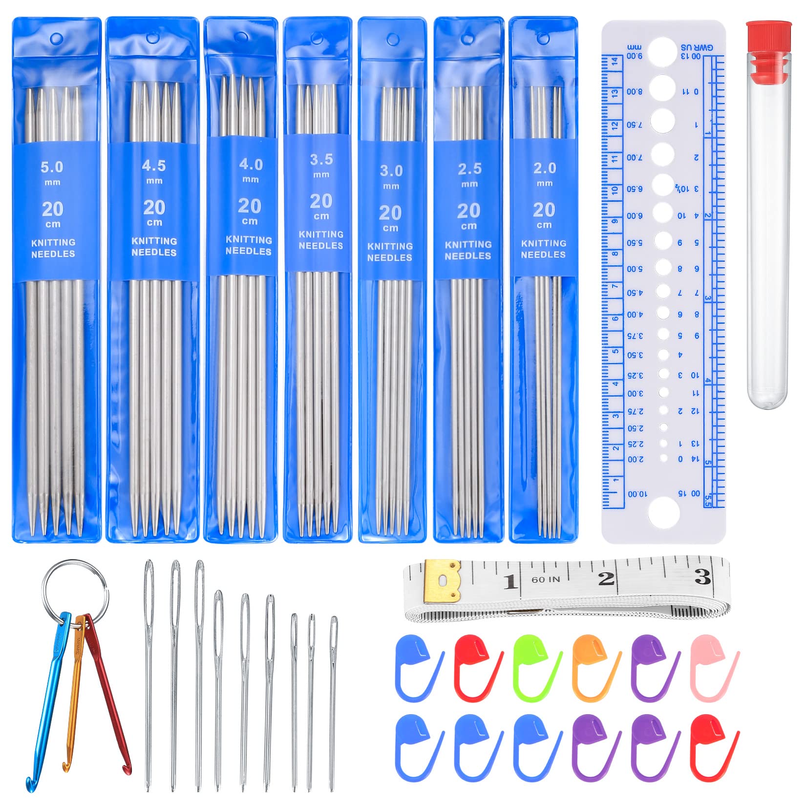 Vwoqiy 35 Pcs Double Pointed Knitting Needles Set, Short 20cm Metal Double Ended Knitting Needles for Beginner, Sock Knitting Pins Set Straight Needles Starter Kit - 2.0/2.5/3.0/3.5/4.0/4.5/5.0mm