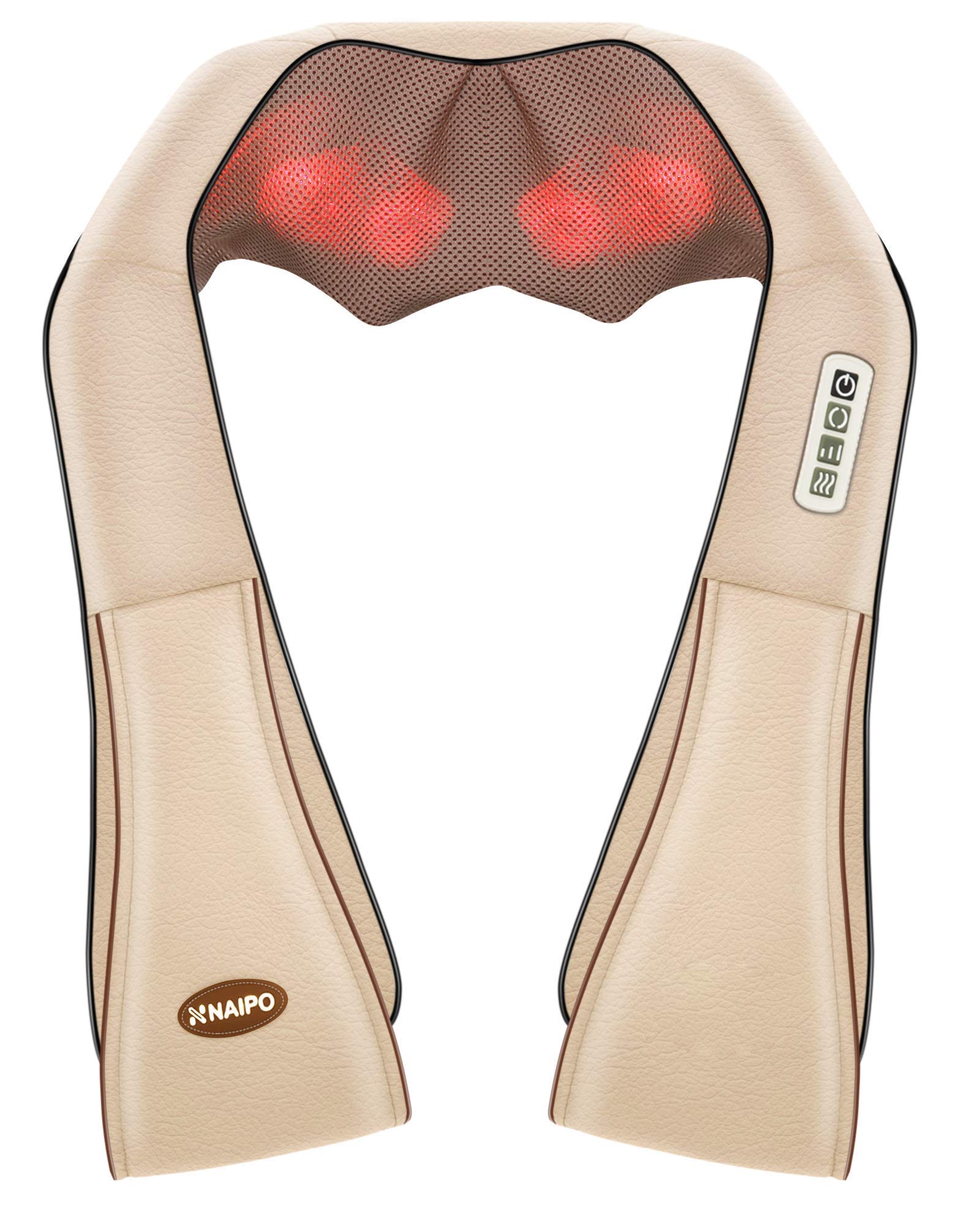 Naipo Neck and Shoulder Shiatsu Kneading Massager with Heat - Deep Tissue 3D electric Massage Pillow, Office, Home, Car, Beige