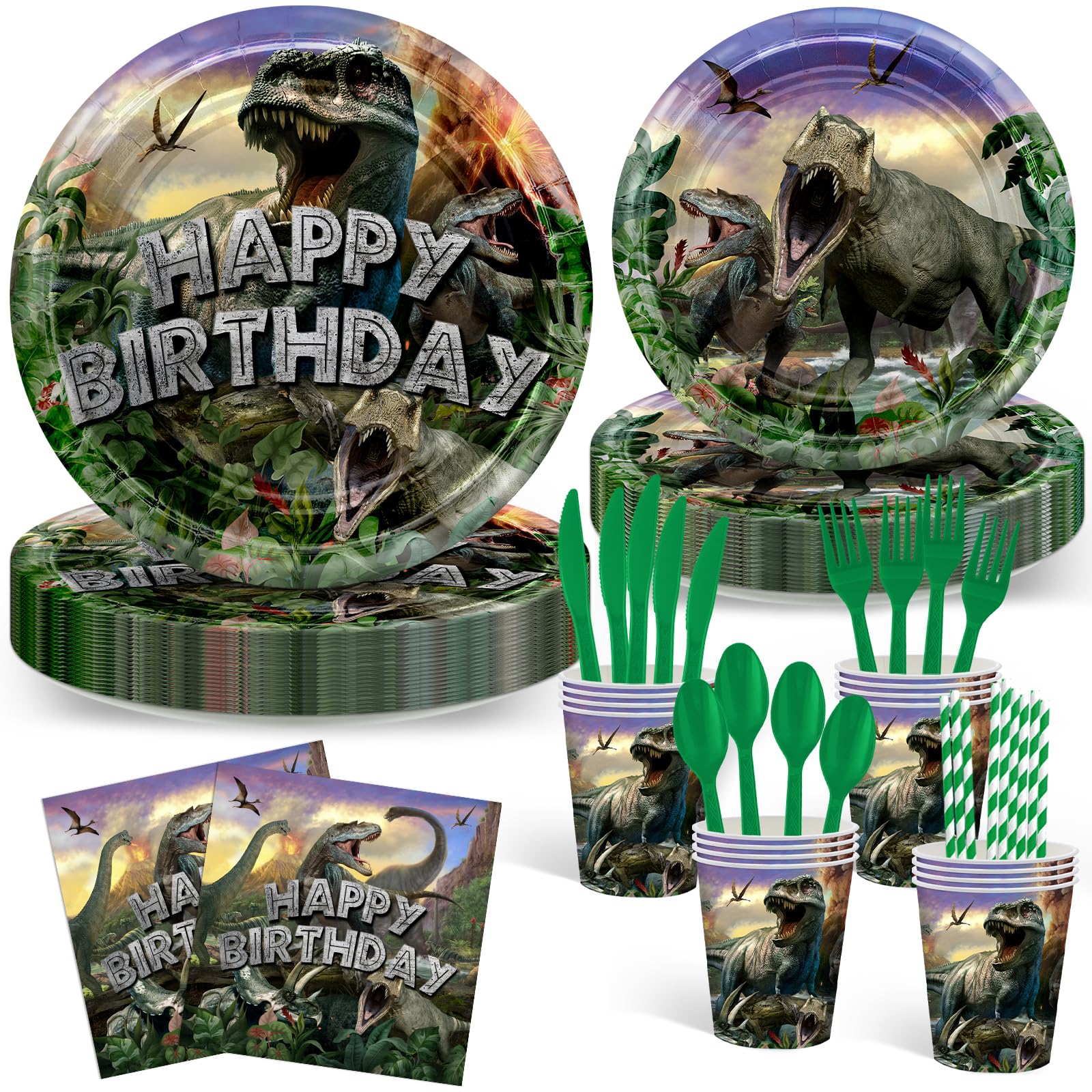 Photo 1 of Avezano 192 Pcs Dinosaur Birthday Party Supplies Jurassic Dinosaur Plates and Napkins for Birthday Party Dinosaur Theme Birthday Party Decoration for Kids Serves 24