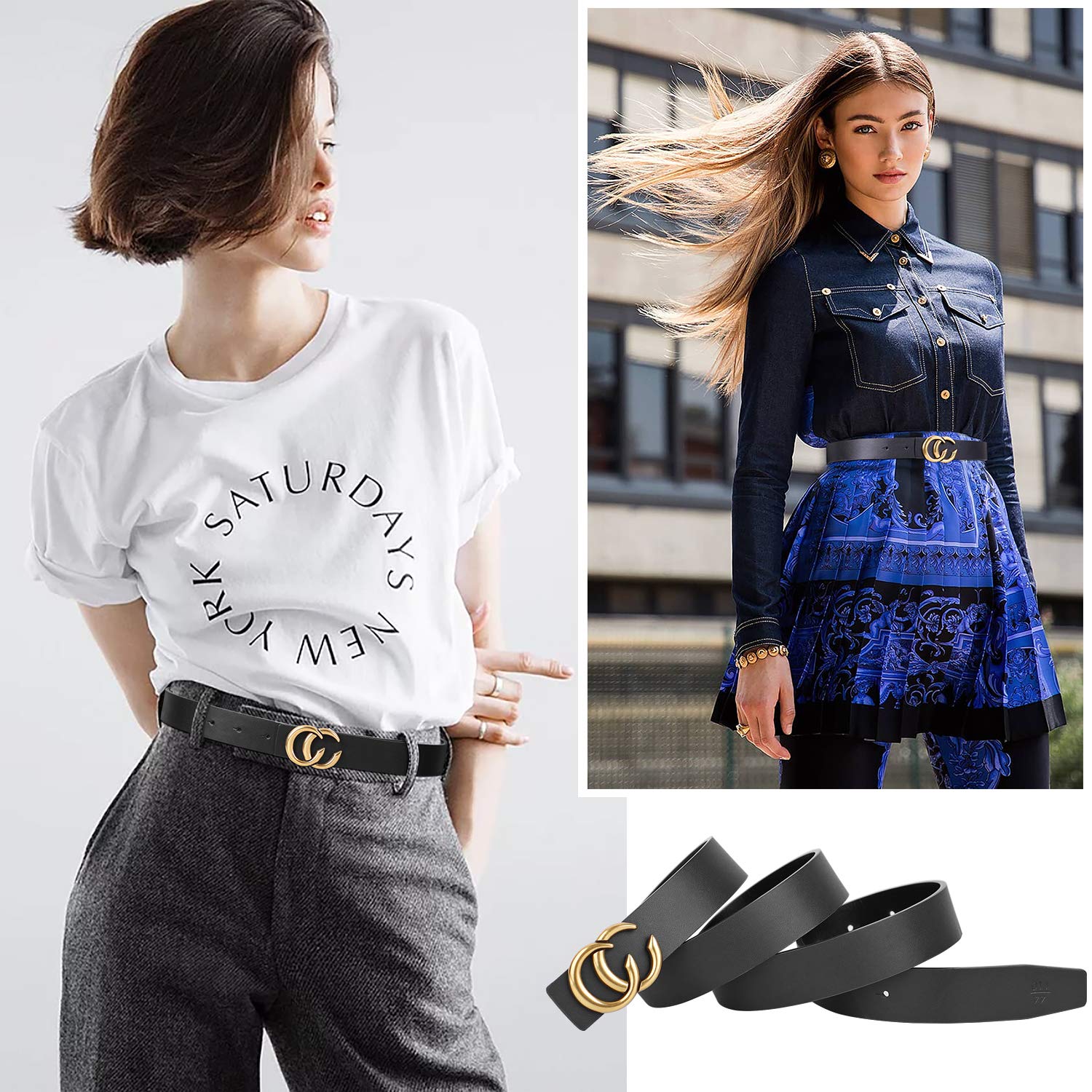 Women Genuine Leather Belt Ladies Skinny Dress Belt Fashion Waist Belt with Gold Buckle for Jeans Pants Skirt, Black, Suit for Pants 27\