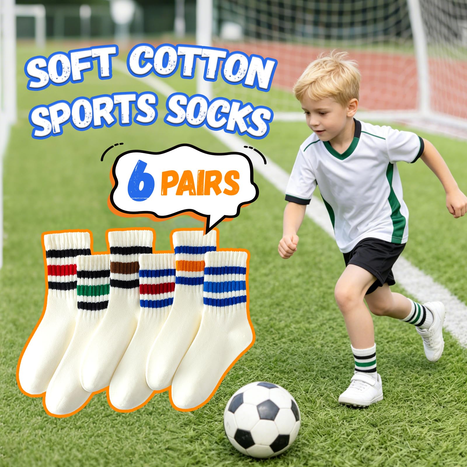 BISOUSOX Kinder Jungen Socken Ohne Naht Baumwolle Tennissocken Sportsocken für Fußball Laufen Mädchen Schulkind Socken 6 Paar Kindergeschenk 3