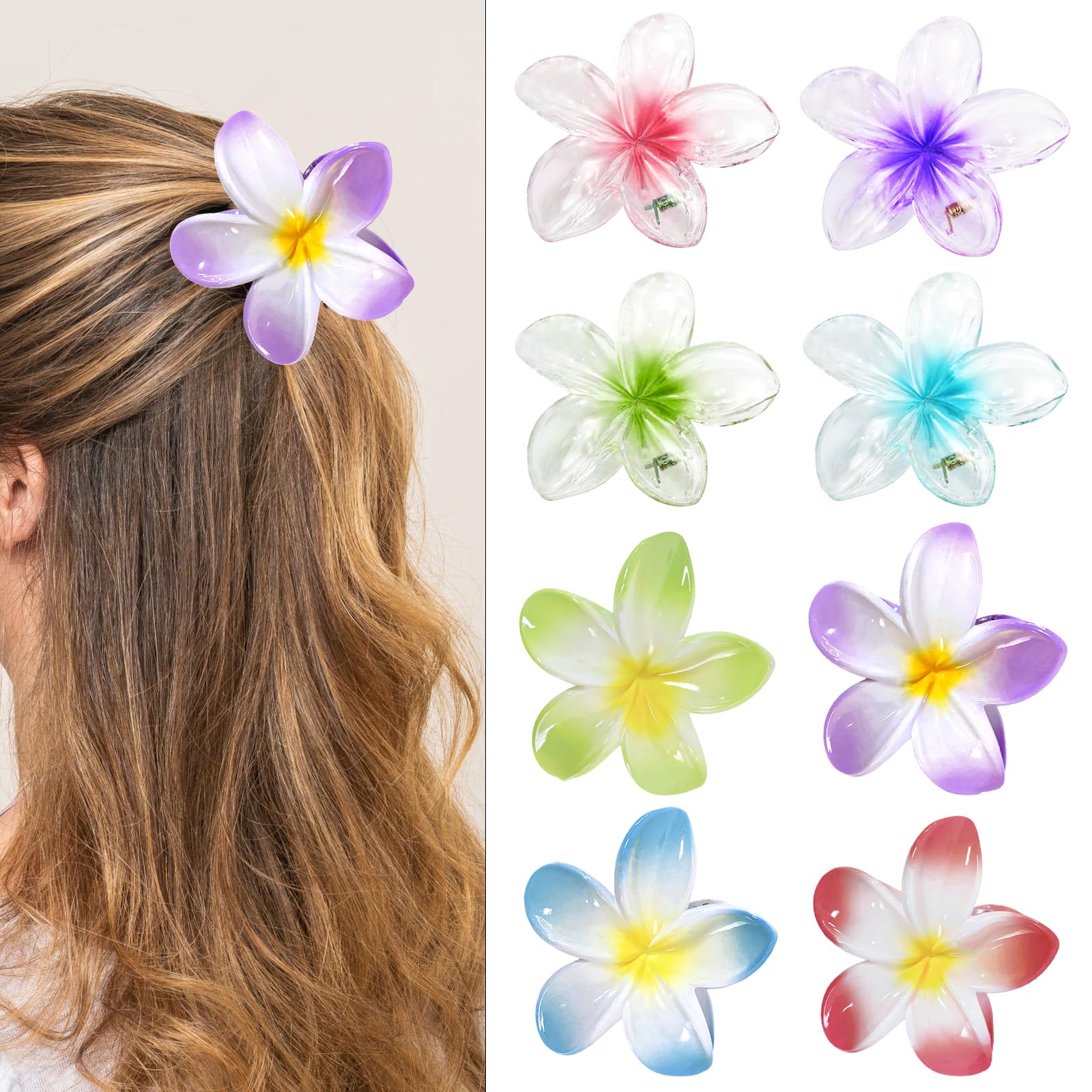 SJUNJIE 8-Piece Flower Claw Clips, Anti-Slip Design, Elegant Hawaiian Style, Medium Size, 8 Colors, Suitable for Women With Various Thickness of Hair