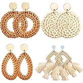 4 Pairs Boho Rattan Earrings for Women,Vacation Essential Tassel Drop Dangle Earrings, Bohemian Cute Hoop Earrings,Beach Party Essential Round Earrings,Gifts for her,Sister,Mother,Girlfriends