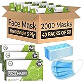 VEEBOOST 2000 Bulk Face Masks (40 Boxes, 50pcs/Box), Non Woven Thick 3-Layers Breathable Facial Masks with Adjustable Earloop, Mouth and Nose (Blue)