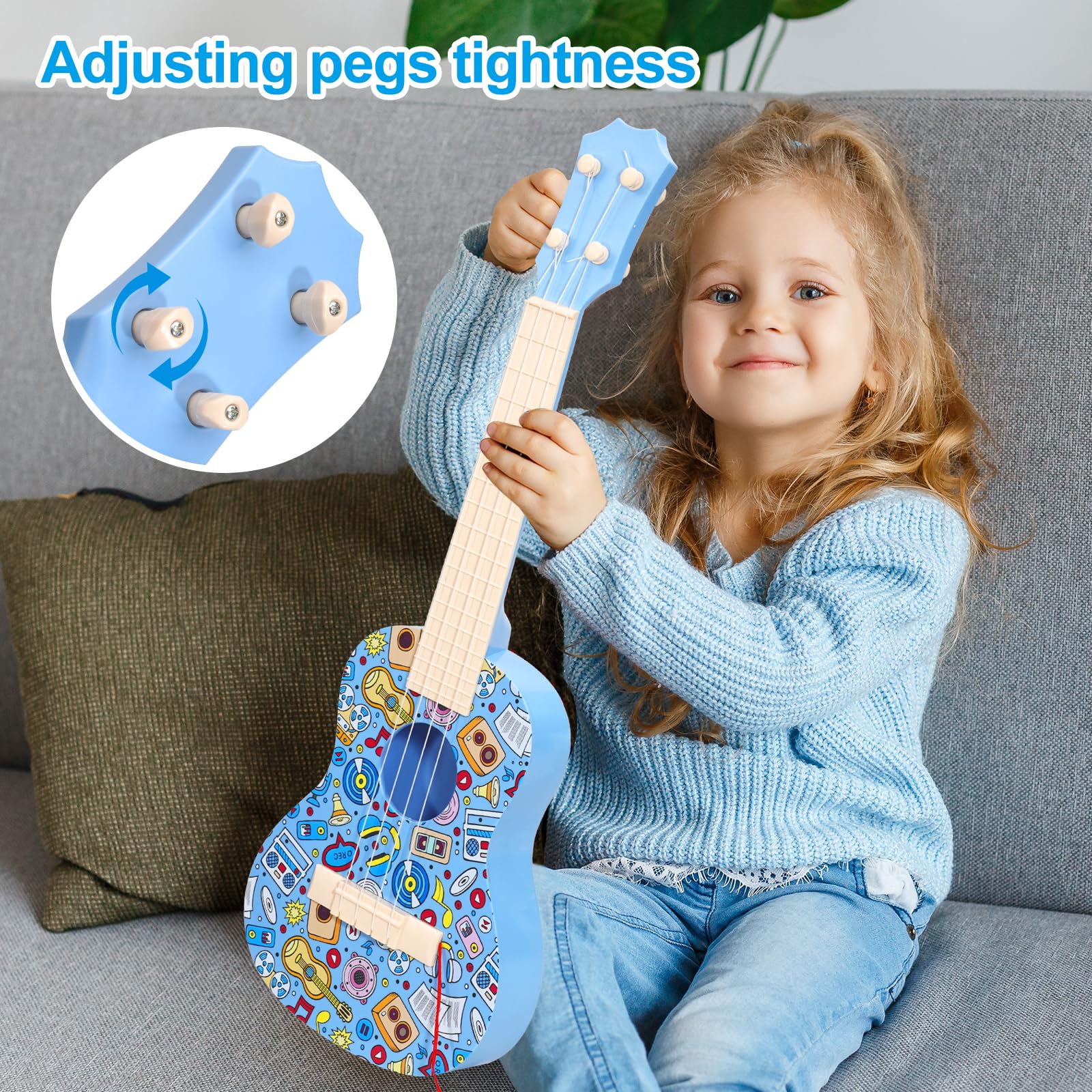 LeeQee 21in Colorful Graffiti Ukulele Guitar, 4 Strings Musical Instruments Learning Educational Toys with Picks for 3-12 Kids Toddler Boys Girls (Blue)