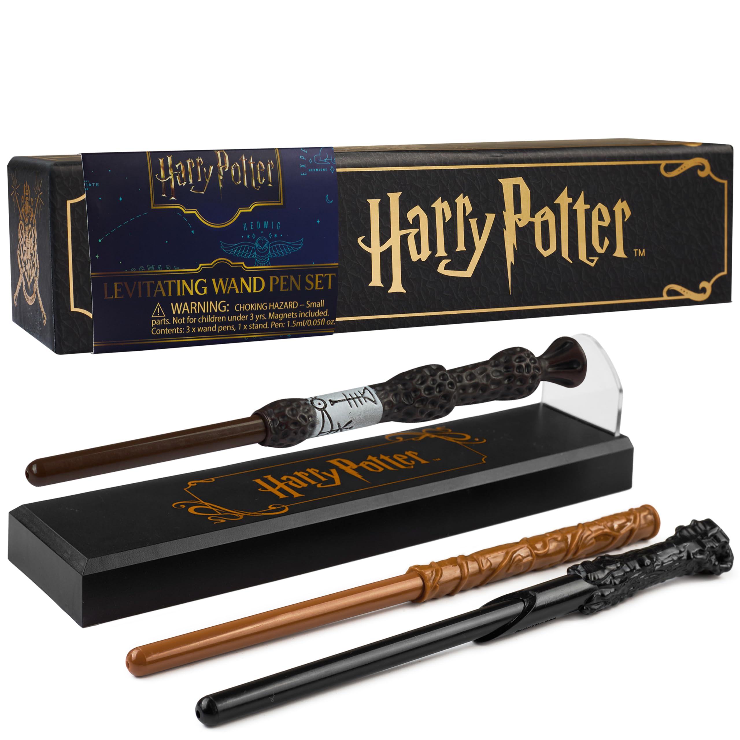 Harry Potter Levitating Wand Pens, Pack of 3 Magical Black Ink Ballpoint Wand Pens with Magnetic Display Stand, Dumbledore Hermione Gifts (Multi 3 Pcs)