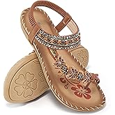 Ablanczoom Summer Flat Sandals for Women: Casual Walking Sandals Comfortable Bohemian Beaded Ankle Elastic Slip-On Beach Shoes