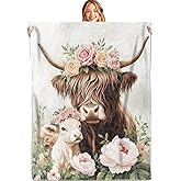 MIEPOS Highland Cow and Calf Throw Blanket,50x60in,Soft,Lightweight Flannel,Cute Cows Flower Peony Blankets - Gifts for Kids Girls,for Couch Office Travel,Farmhouse Home Living Room Rustic Decor