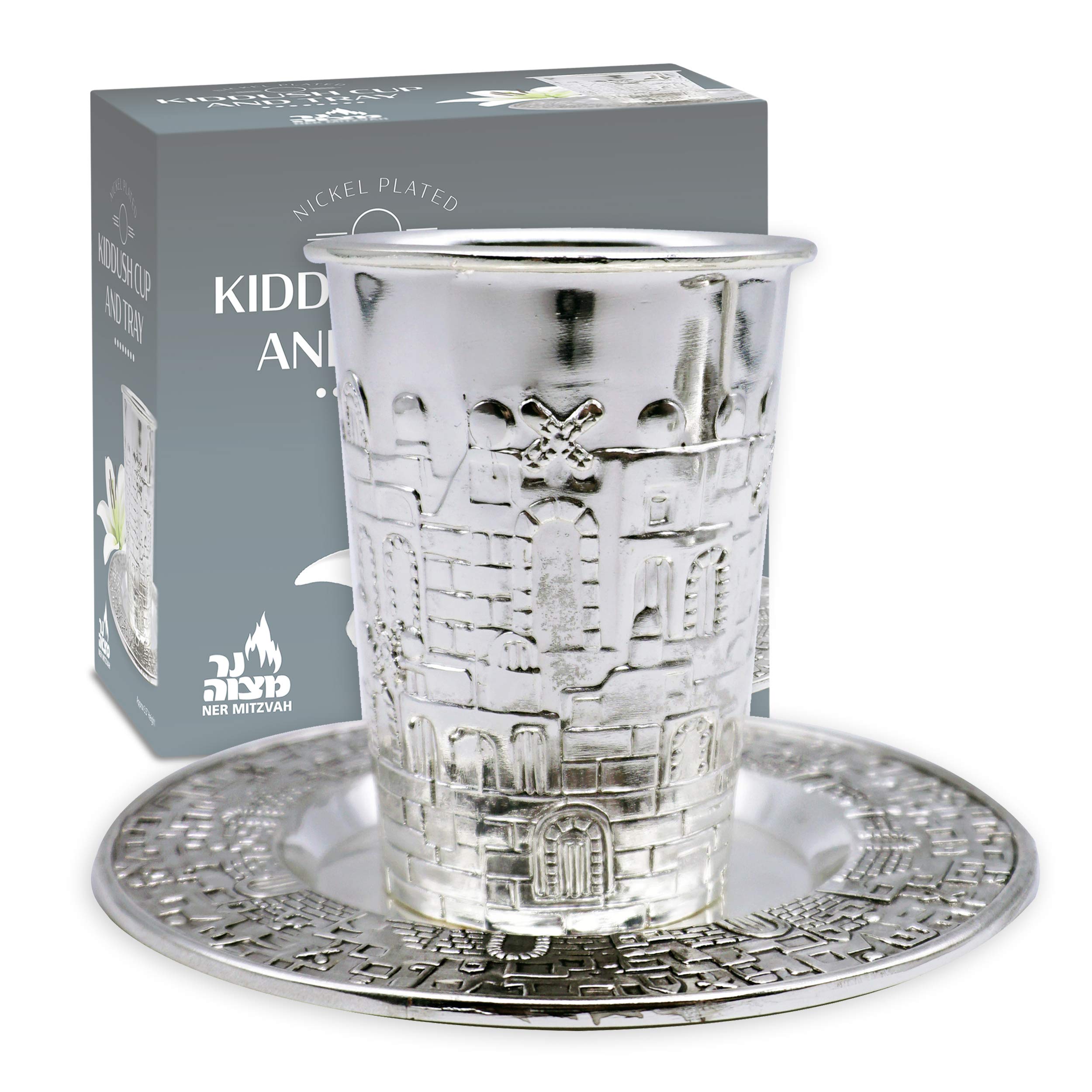 Ner Mitzvah Kiddush Cup and Tray - Premium Quality Nickel Plated Wine Cup- for Shabbat and Havdalah - Modern Design