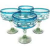 Dos Sueños Mexican Hand Blown Glass – Set of 4 Hand Blown Margarita Glasses (16 oz) with Aqua Spiral Design