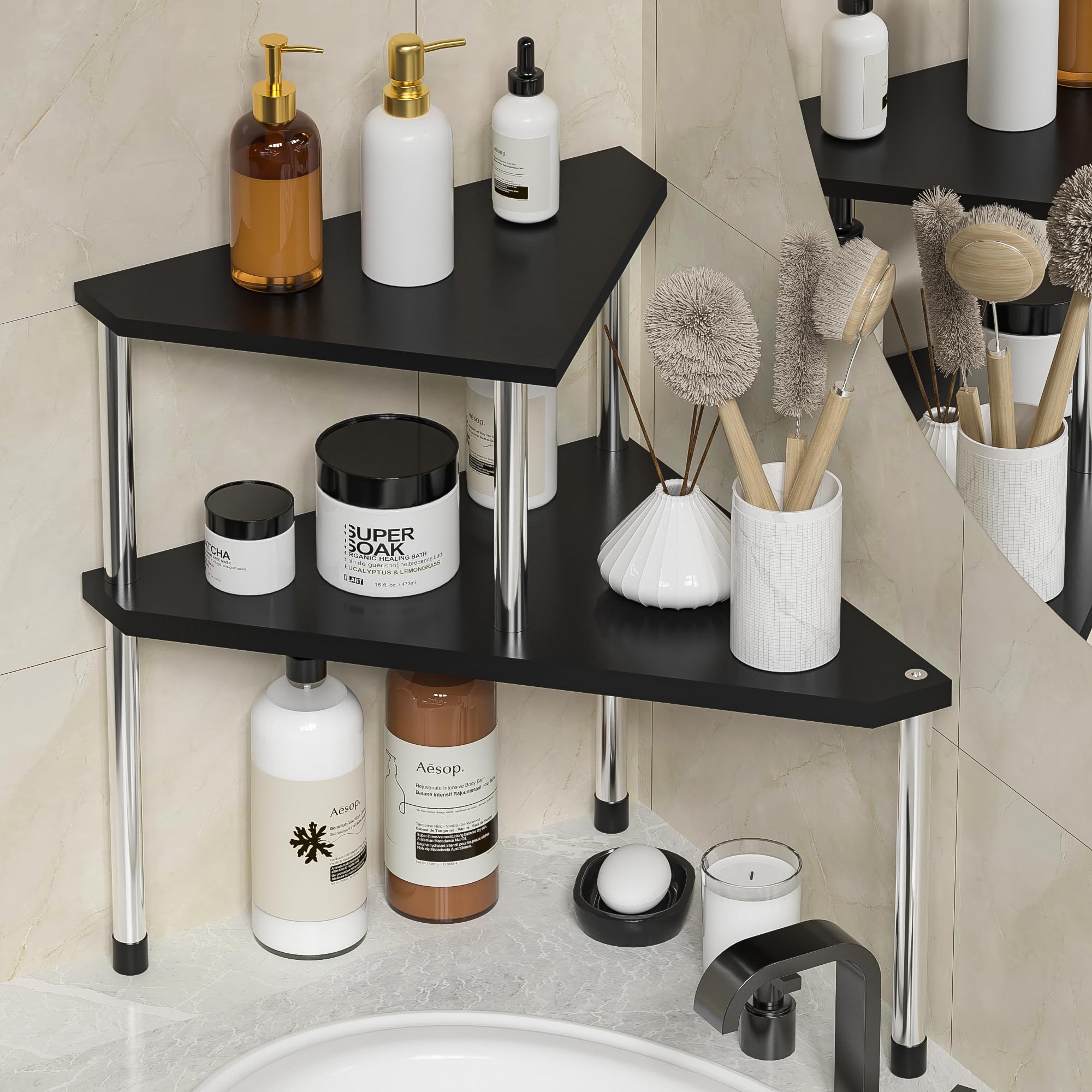 Photo 1 of Weenson Countertop Organization Counter Shelf - 2 Tier Corner Shelf Bamboo Display Shelves Free-Standing Storage Organizer for Bathroom, Kitchen, Living Room (Black)