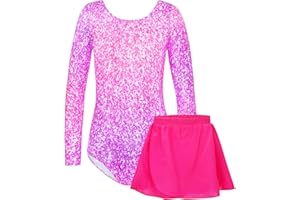 Alikhonf Girls Gymnastics Leotards Long Sleeve Biketards with Removable Skirt Ballerina Combo Outfit for Kids Tumbling