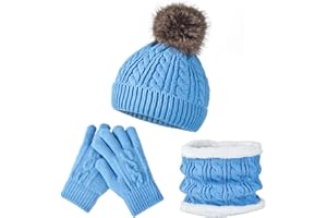 FENELY Kids Winter Hat Scarf Gloves Set - Thermal Fleece Lined Beanie with Pompoms, Soft Mittens & Neck Warmer for Boys Girls 1-12