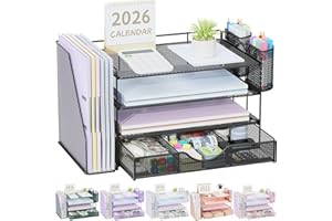 gianotter Desk Organizers and Accessories with File Holder, 4-Tier Desk Accessories & Workspace Organizers with Drawer and 2 Pen Holder, Paper Organizer for Office Supplies (Black)