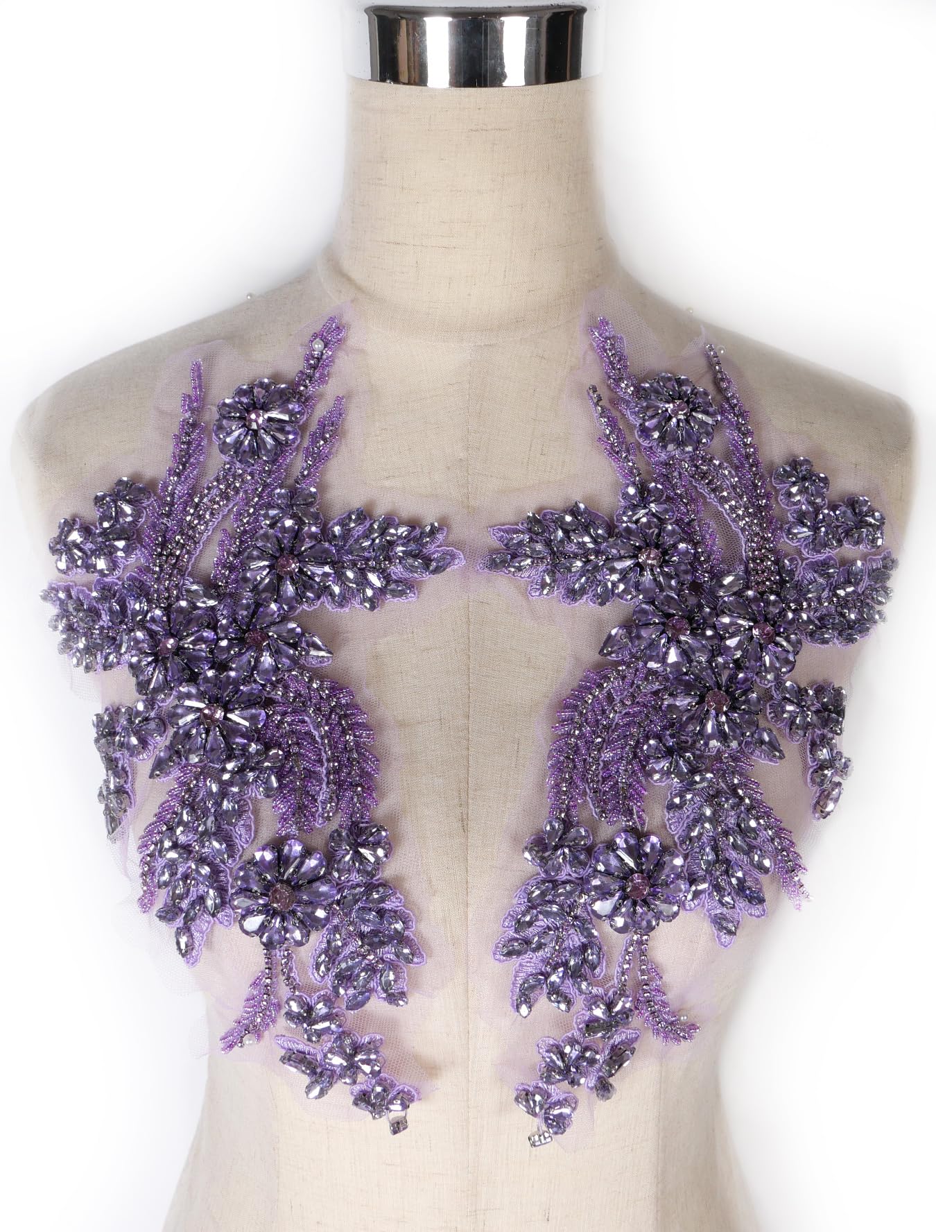 Photo 1 of Lilac Hand-Made Beaded Rhinestons DIY Clothing Appliques Patch,Beaded Applique for Wedding Dress Decoration,Rose Gold/Pink/Silver/Red/Black Flower Applique by Pair (Purple-B)