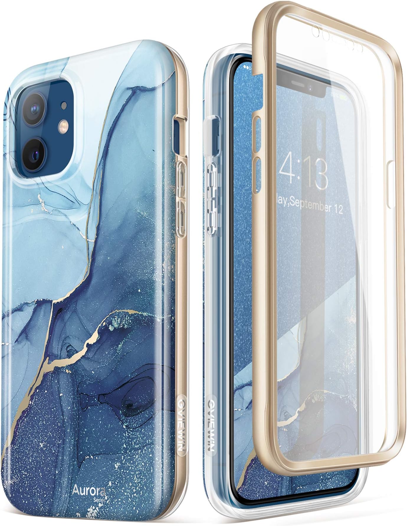 GVIEWIN Compatible with iPhone 12 Case or iPhone 12 Pro Case 6.1 Inch, [Built-in Screen Protector] [Full-Body Protection] Marble Stylish Cover Slim Shockproof Protective Phone Case (Stray Stars/Blue)
