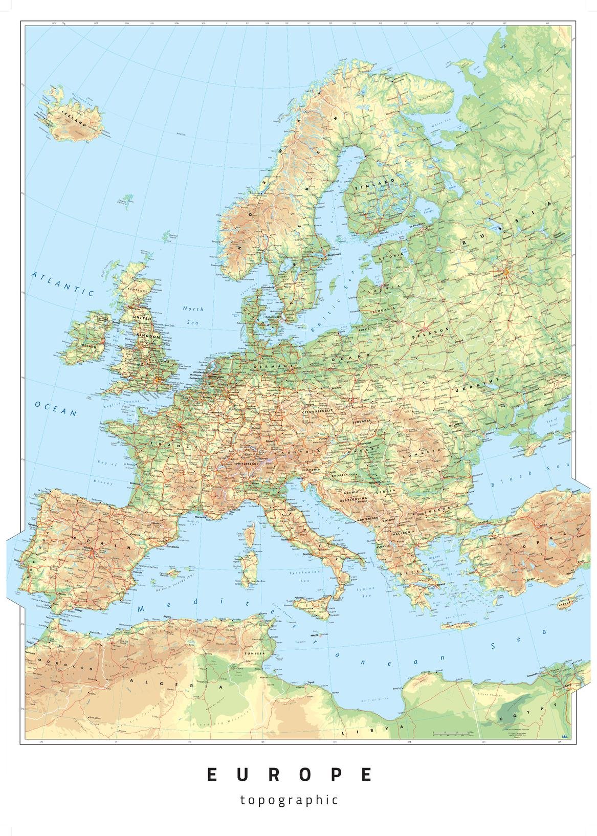Europe Topographic - 23.5" x 33.25" Laminated Wall Map