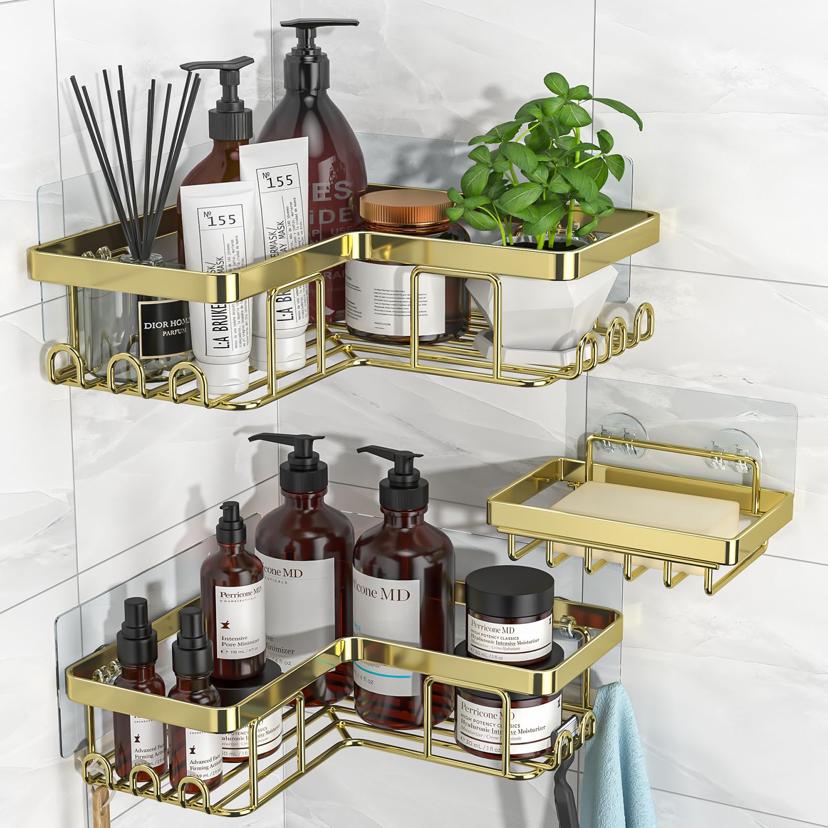 Photo 1 of ** ONLY 2, NO TOOLS TO HANG**
YASONIC Corner Shower Caddy, 3-Pack Adhesive Bathroom Caddy with Soap Holder and 12 Hooks, Rustproof Stainless Steel Shower Organizer, No Drilling Wall Mounted Shower Rack, for Bathroom, Gold