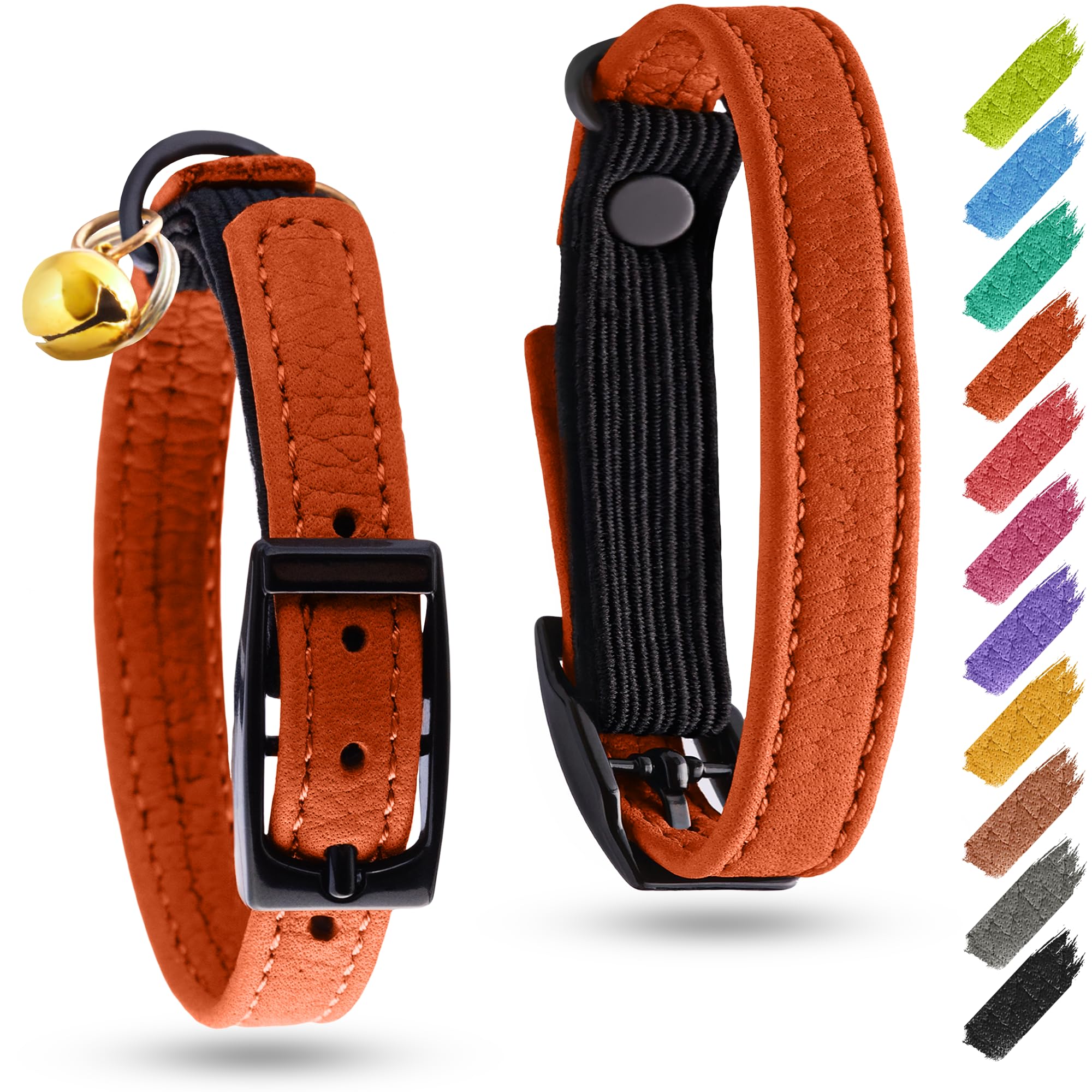 Photo 1 of Leather Cat Collar with Bell and Safety Elastic Strap Breakaway Alternative for Small & Large Kittens, Stylish Pet Leather Collar for Boy, Girl Cats with Metal Buckle & QR ID Tag (Orange)