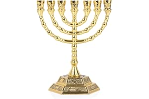 LION OF JUDAH MARKET 12 Tribes of Israel Menorah, Jerusalem Temple 7 Branch Jewish Candle Holder (5 Inches, Gold)