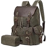 Wogarl Vintage Leather Canvas Backpack, Waxed Canvas Shoulder Rucksack with Toiletry Shoulder Rucksack for Traveling, Camping, Hiking,Business College Fits 17inch Laptop,Green