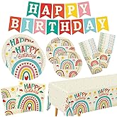 Retro Rainbow Themed Happy Birthday Party Supplies Set - Vibrant Disposable Paper Plates, Cups, Napkins, Tablecloth & Birthday Banner - Fun & Colorful Design for Boys/Girls - For 25 Guests