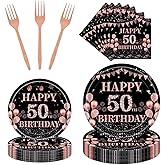 Rakuto 50th Birthday Party Plates, 96PCS 50 Year Old Birthday Party Decorations Supplies for Her, Rose Gold Tableware Plates Napkins Forks Supplies Women (24 Guests)