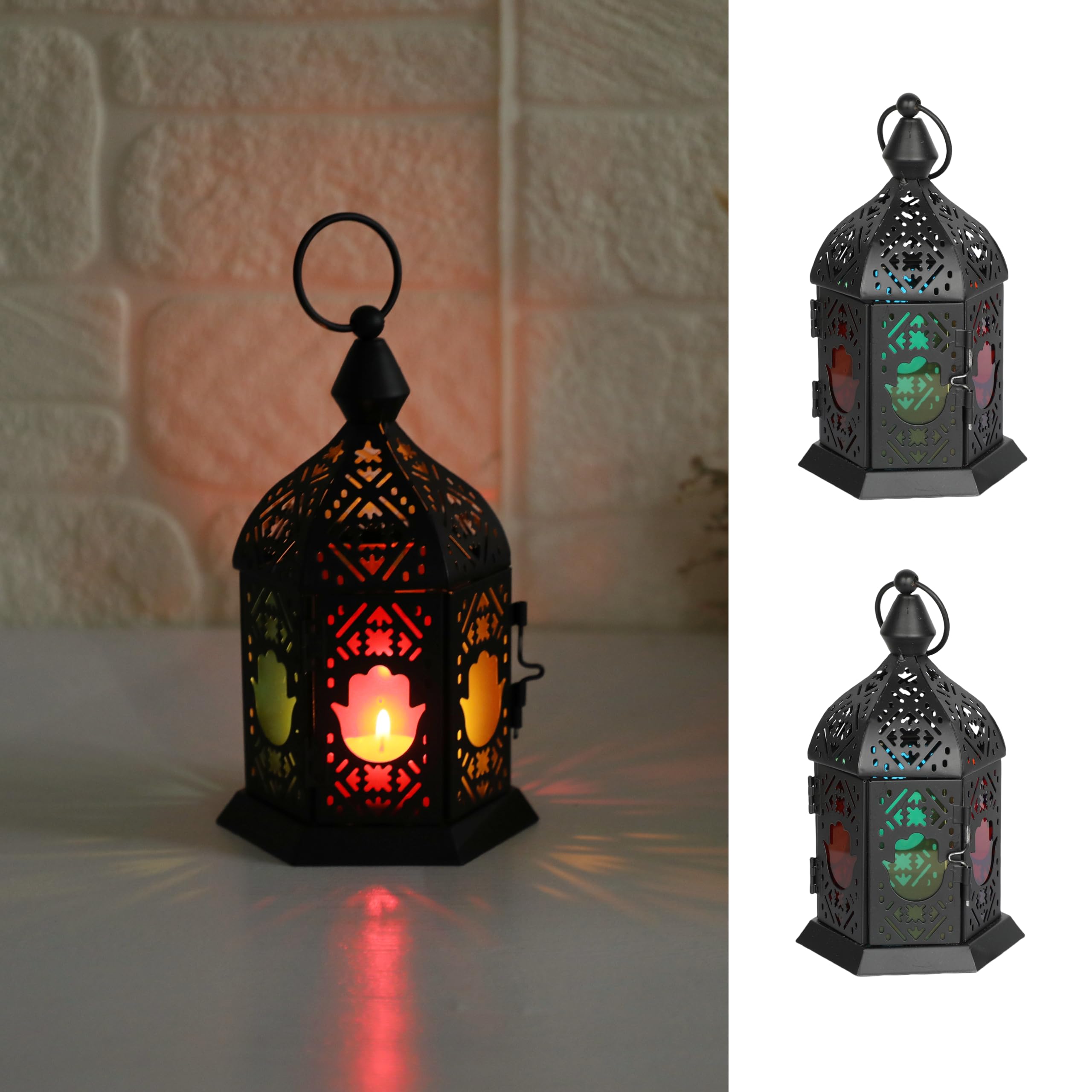 Photo 1 of 2 Pack Moroccan Style Candle Lantern, Small Tealight Candle Holder with Transparent Flower Glass Panels, Hanging Lantern Outdoor for Ramadan, Decorative Metal Lamp for Patio, Weddings 6.5inch?Black?