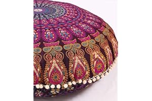 Popular Handicrafts Floor Pillow Cushion Cover - Hippie Mandala Cushion Cover Large with Pom Poms Soft Particles - Pouf Cover Round Bohemian Yoga Decor, 24" Magenta