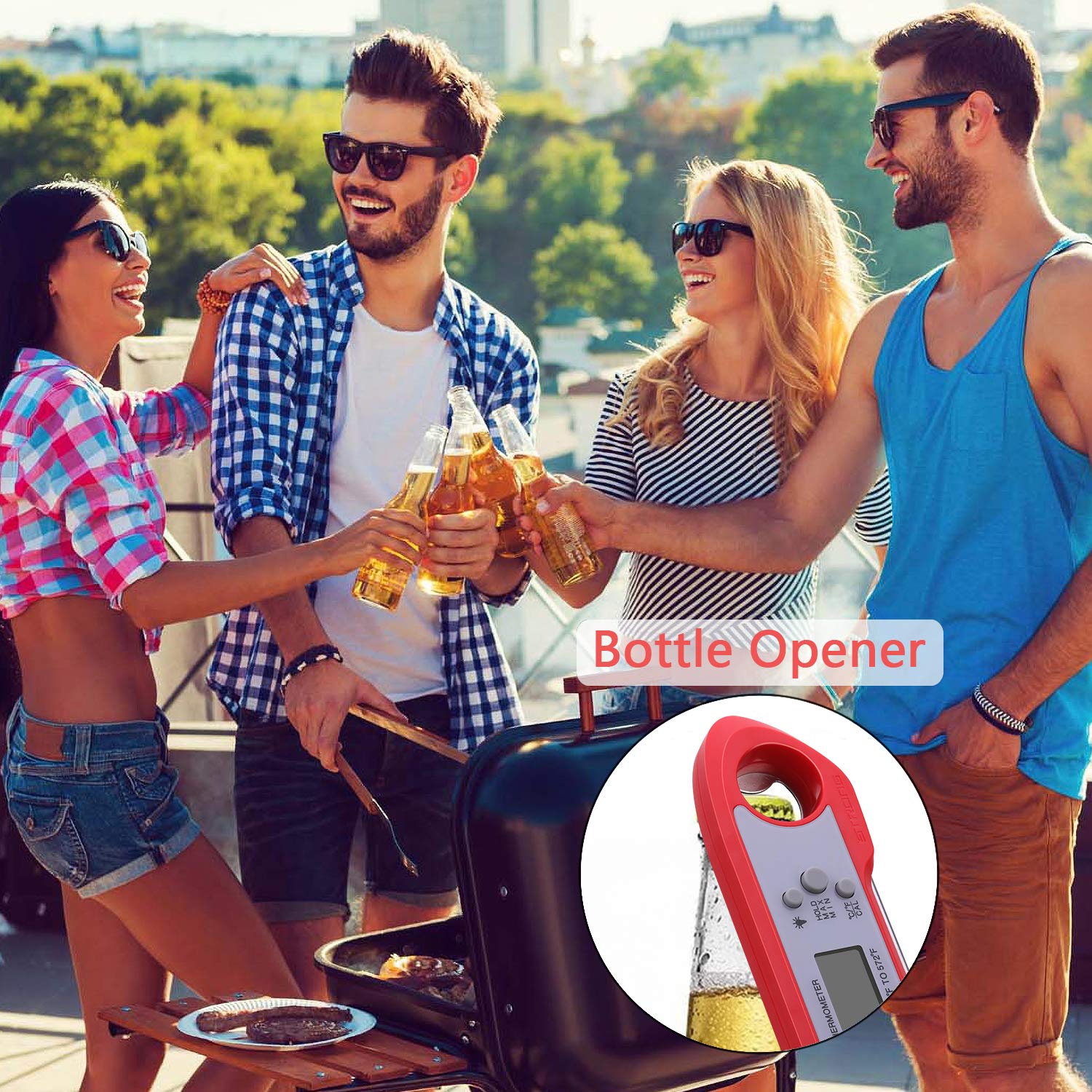 Meat Thermometer, Digital Instant Read Food Thermometer Waterproof with Folding Probe/Backlight/Hold Function and Bottle Opener for Cooking