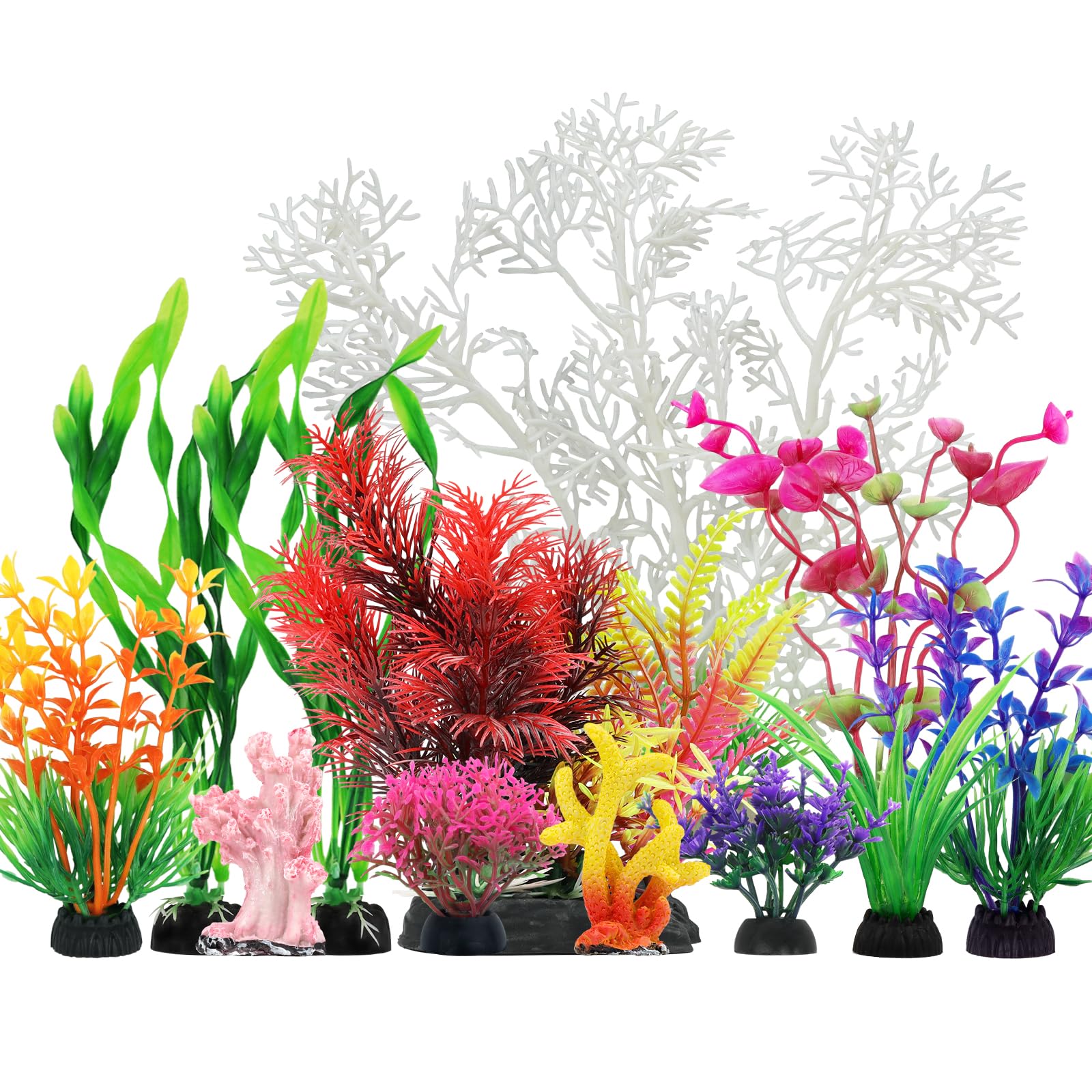 QUOZUO Aquarium Decorations Plants with Resin Coral, 12 pcs Fish Tank Accessories, Fish Tank Decorations Small Plants Plastic, Aquarium Decor Artificial Plant