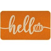 Hello Pumpkin Door Mat, Hello Fall Welcome Mat Thanksgiving Orange Outdoor Mats Autumn Decor Floor Mat for Home Entryway Patio Yard Kitchen Bathroom, 17x29 Inch Non-Slip Doormat