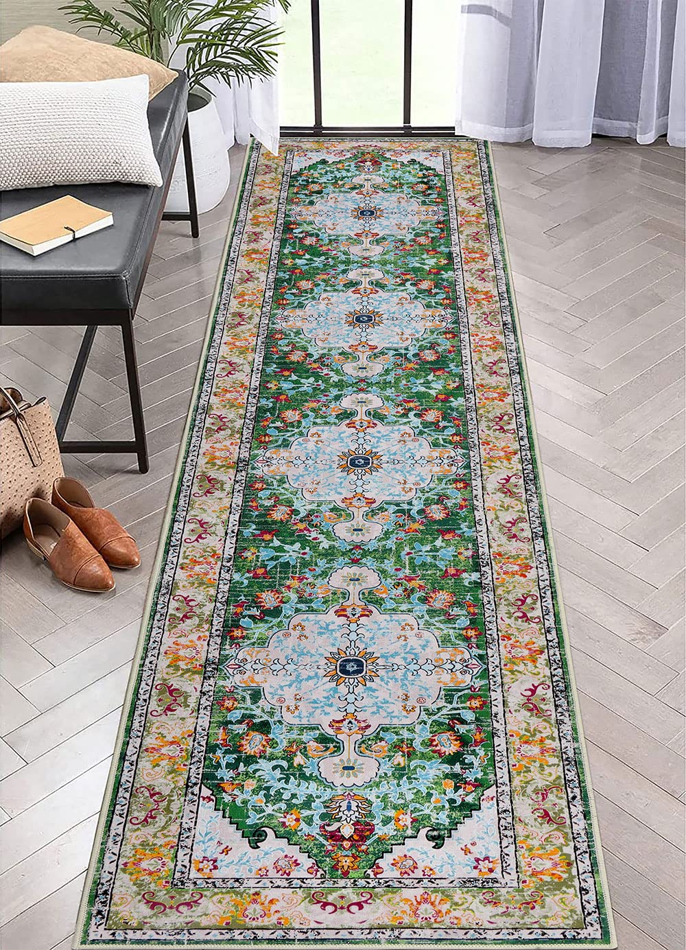 U'Artlines 2' x 10' Boho Hallway Runner Rug, Non Slip Washable Vintage Farmhouse Accent Area Rug Carpet for Kitchen Entryway Laundry and Living Room (Green) Image U'Artlines 2' x 10' Boho Hallway Runner Rug, Non Slip Washable Vintage Farmhouse Accent Area Rug Carpet for Kitchen Entryway Laundry and Living Room (Green) Image