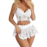 Mixxmix Lingerie for Women 3 Piece Underwire Floral Lace Corset Tops Sexy Mini Short Skirt Sets S-2XL