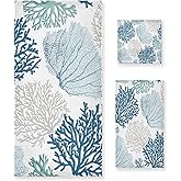 PATINISA Nautical Blue Coral Bath Towels Set of 3,Coastal Teal Beige Coral,Decoractive Bathroom Towels Set 1 Bath Towel,1 Hand Towel,1 Washcloth,Soft Shower Towels for Bathroom Beach Gym Spa