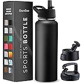 FineDine 25 Oz Insulated Water Bottle with Straw - Triple Walled Stainless Steel Metal Bottle W/ 3 Leak Proof Lids - For Travel, School, Sports, Gym/Men, Women & Kids - Inky Raven Black