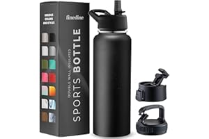 FineDine 25 Oz Insulated Water Bottle with Straw - Triple Walled Stainless Steel Metal Bottle W/ 3 Leak Proof Lids - For Travel, School, Sports, Gym/Men, Women & Kids - Inky Raven Black