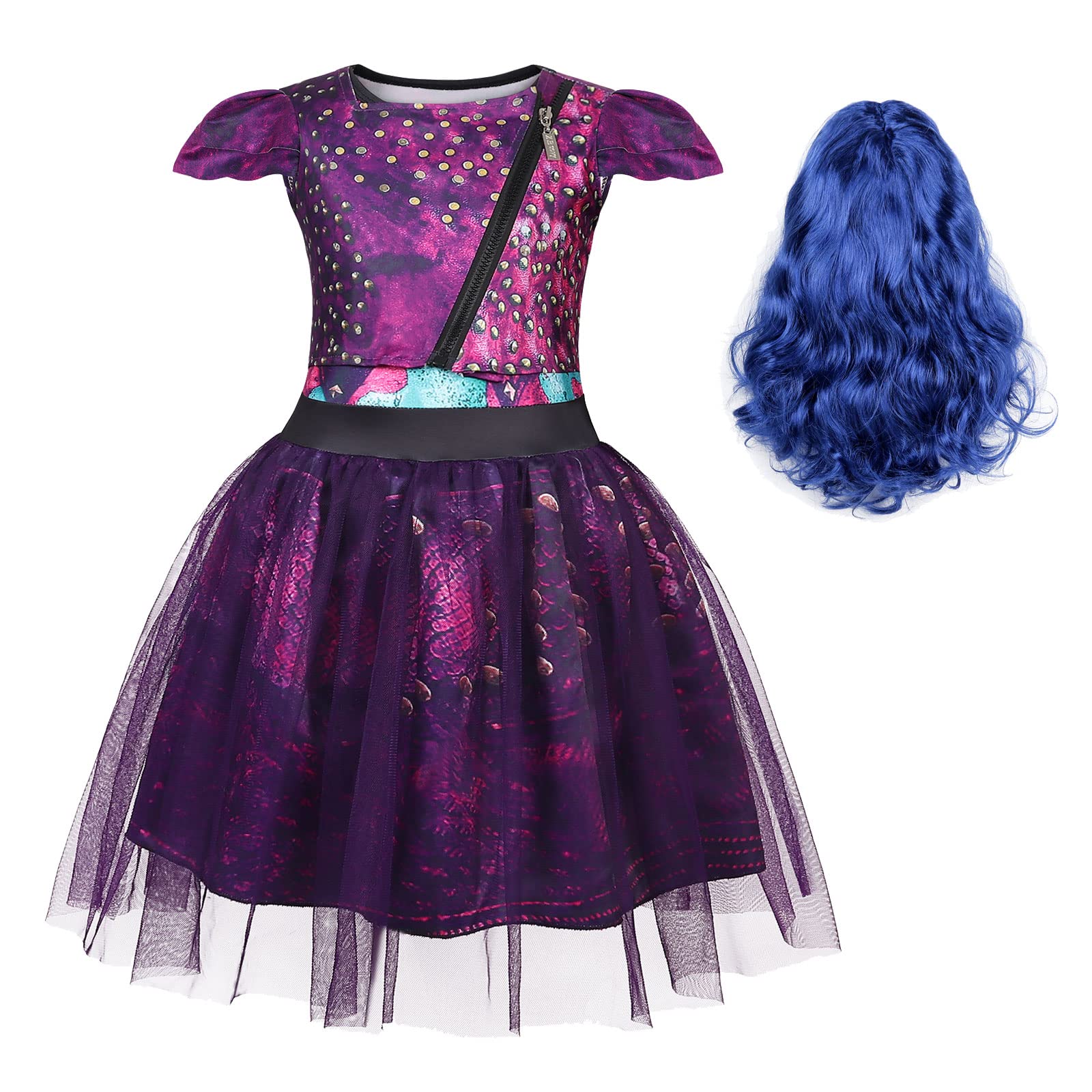 Febbabe Girls 3D Printed Patchwork Tulle Dresses Kids Halloween Costume Carnival World Book Day Costumes for Girls Cosplay Dressing up with Wig Purple Age 7-8 Years