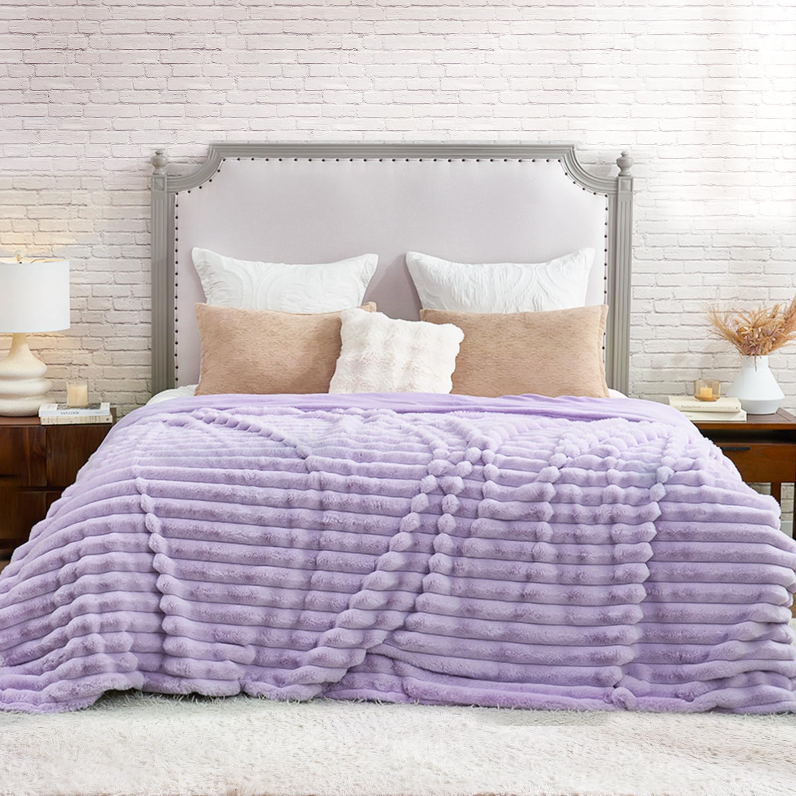 Cozy Bliss Faux Fur Throw Blanket for Couch, Cozy Warm Plush Striped Blanket for Sofa Bedroom Living Room, 90 * 90 Inches Lavender Image