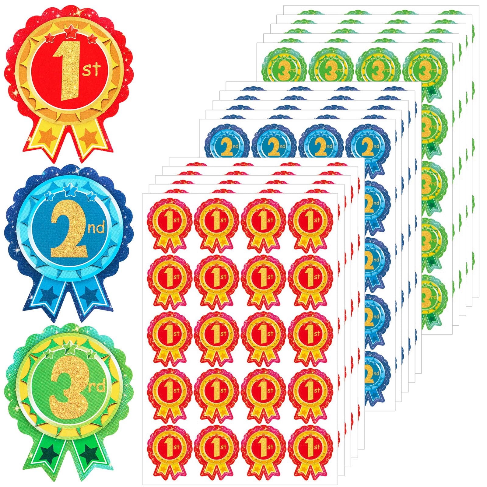 Tenare 300 Sports Day Stickers for Kids, 240 Star Animal & 60 1st 2nd 3rd Rosette Award Stickers for School PE Events, Competitions and Classroom Rewards(Number Style)