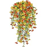 GhuaH 3 Pcs Artificial Hanging Flowers for Outdoors Spring Summer Faux Silk Daisy Flowers UV Resistant Fake Plants Eucalyptus Realistic Orange for Outside Home Indoor Planter Porch Garden Yard Decor