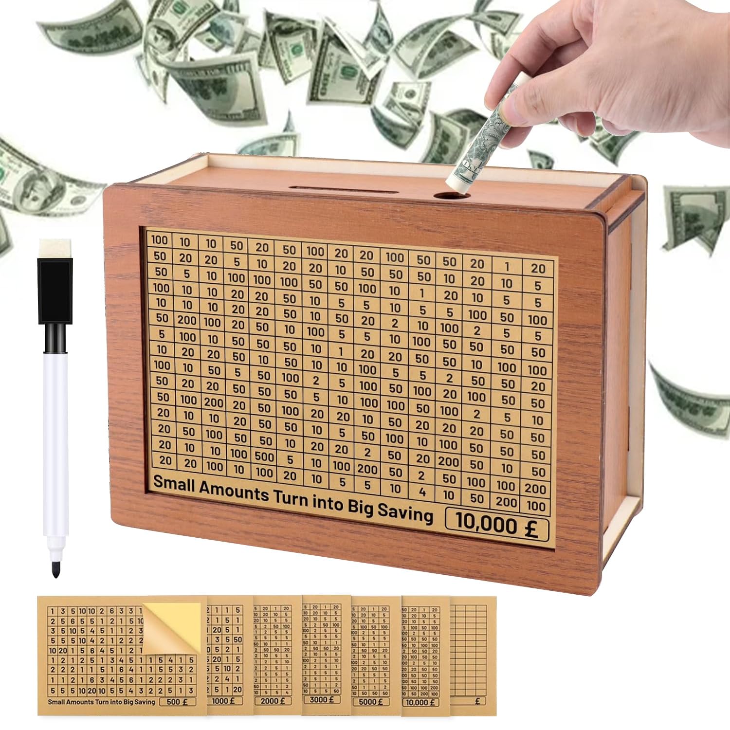 Money Box Wooden,Cash Saving Box for Adults Kids,Wooden Money Saving Box,Money Bank with Counter for 500/1000/2000/3000/5000/10000/DIY Target Saving with Pen and Acrylic Board