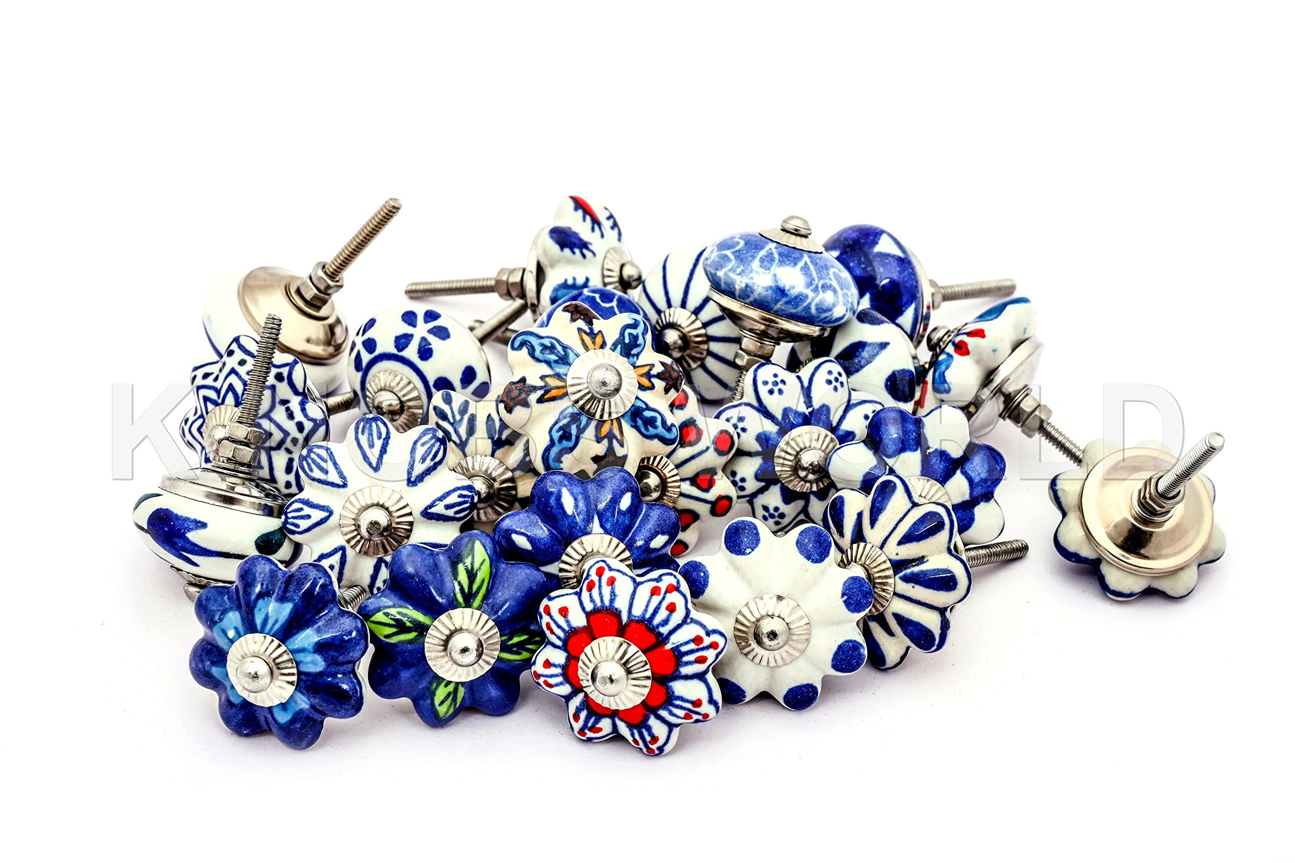 25 Blue & White Ceramic Drawers Knobs Door Cupboard Pulls Indian Mix Knobs.Express Priority Shipping