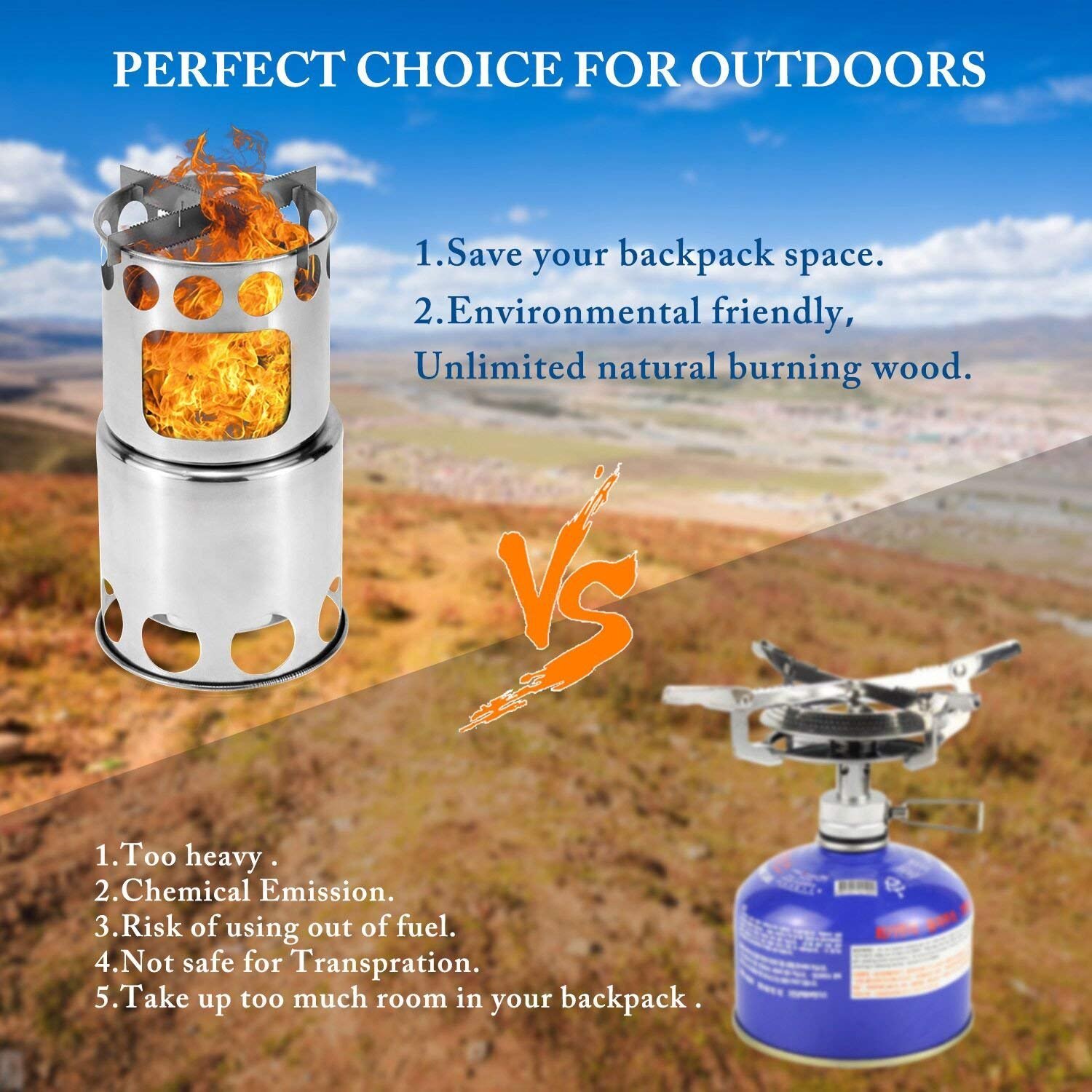 Qunlei 304 Stainless Steel Camping Cookware Set with Wood Stove, Complete Lightweight Outdoor