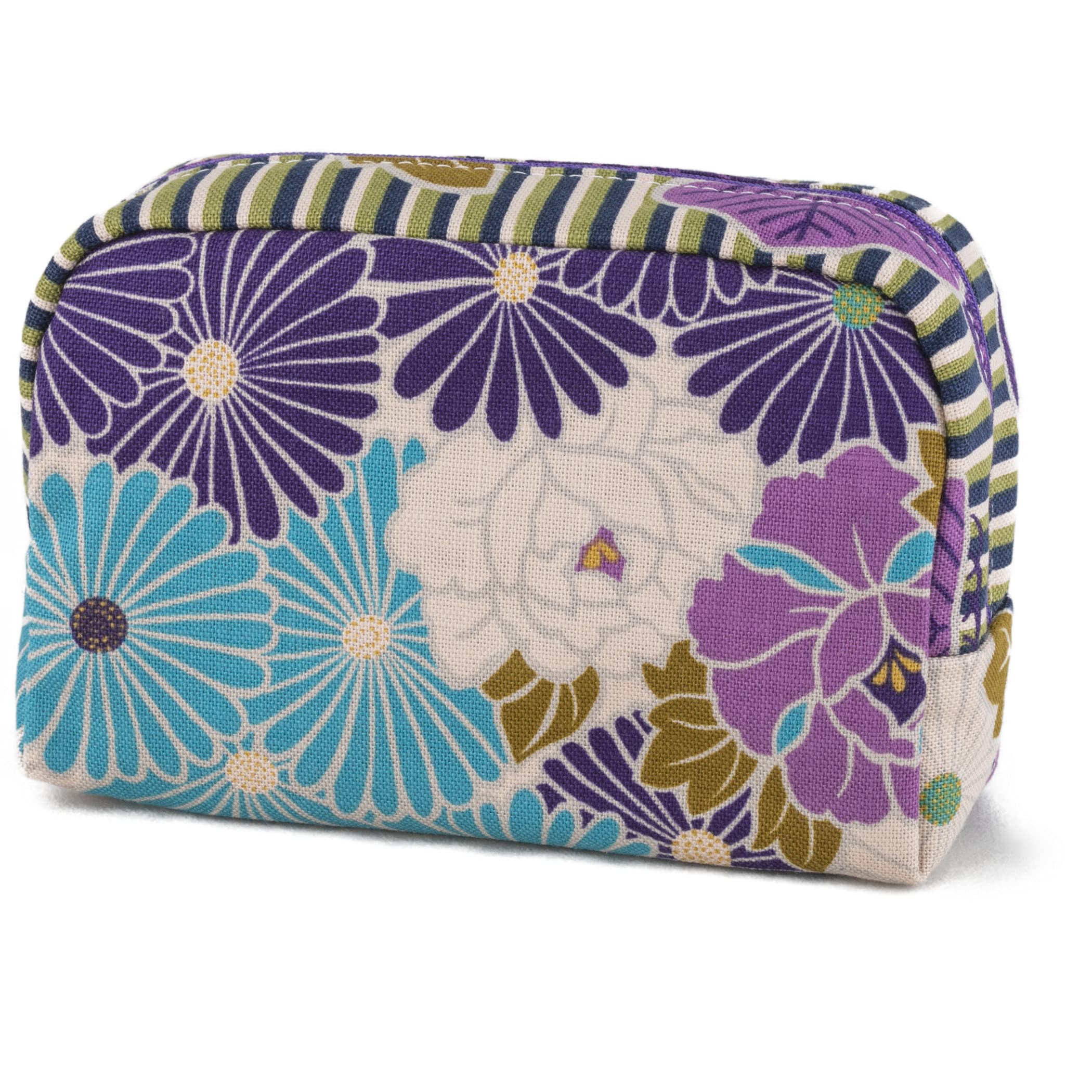 Small Makeup Bag for Women（Retro Flower Purple） Japanese Kimono Pattern Mini Cosmetic Bags Box Zipper Pouch