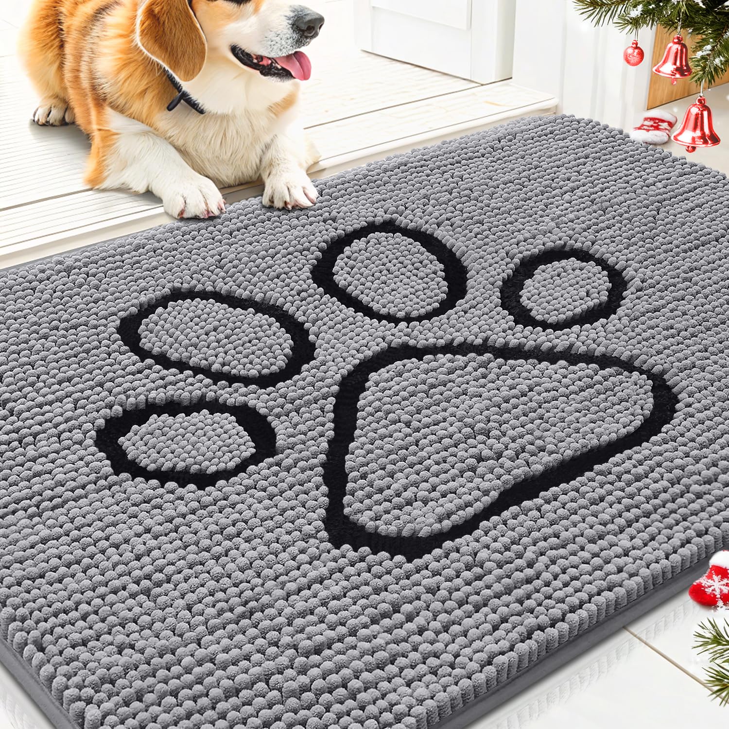 Photo 1 of *IMPERFECT/USED*** Smiry Dog Door Mat for Muddy Paws, Absorbent Dirt Trapper Non Slip Quick Dry Washable Chenille Mat for Mud Dogs, Entry Rug for Indoor and Outdoor (30x20 Inches, Grey)