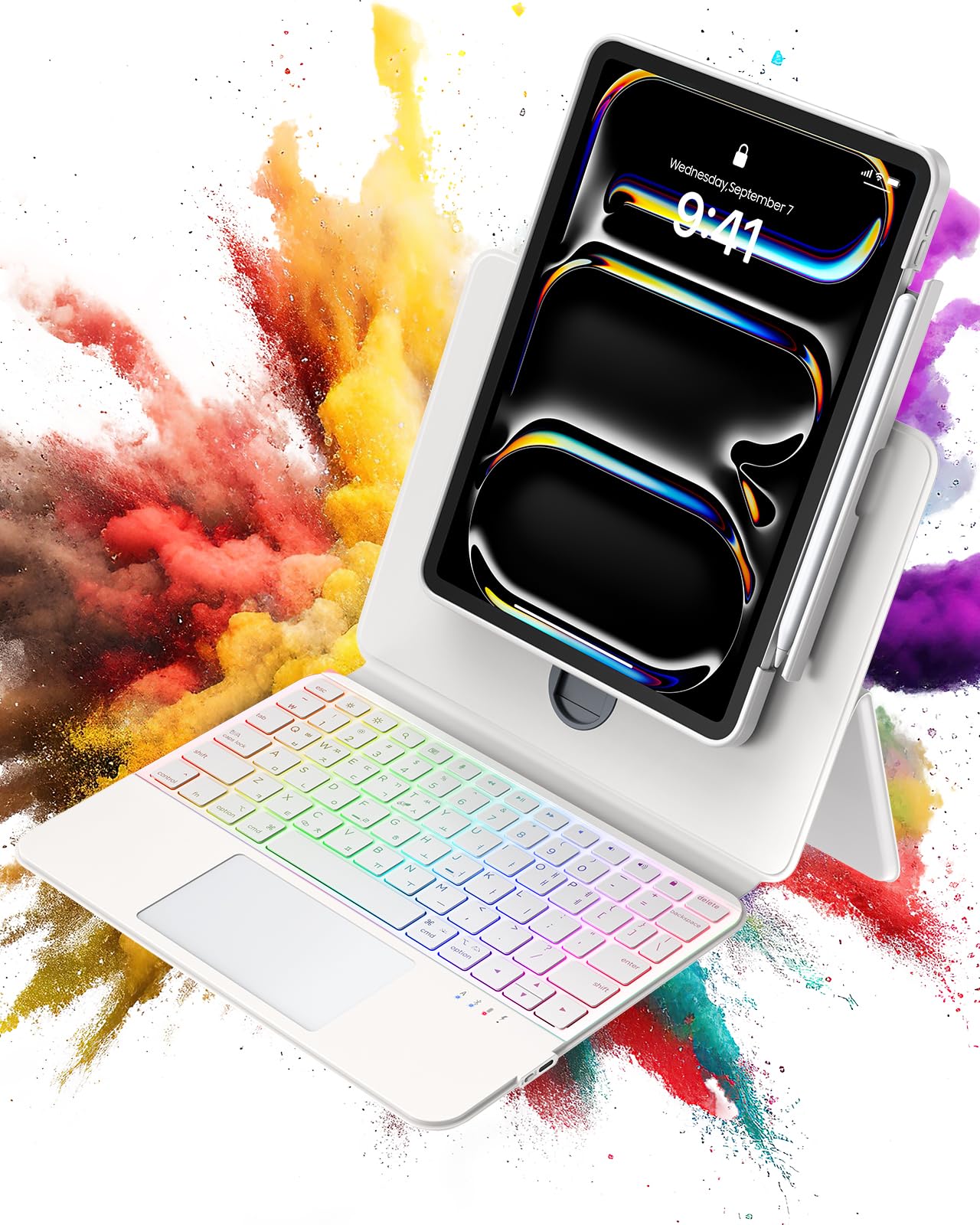 Photo 1 of BLOSOMEET Clear Magnetic Keyboard Case for iPad Pro 11 Inch (M5/M4) 2025/2024, 7-Color Backlight & Native Gesture Trackpad & Kickstand, Lift Top Detachable Protective Cover with Pen Holder, White